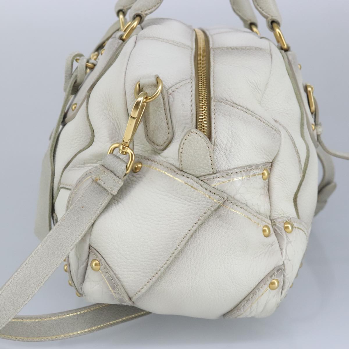 PRADA Hand Bag Leather 2way White Gold Light Gray Auth 96957