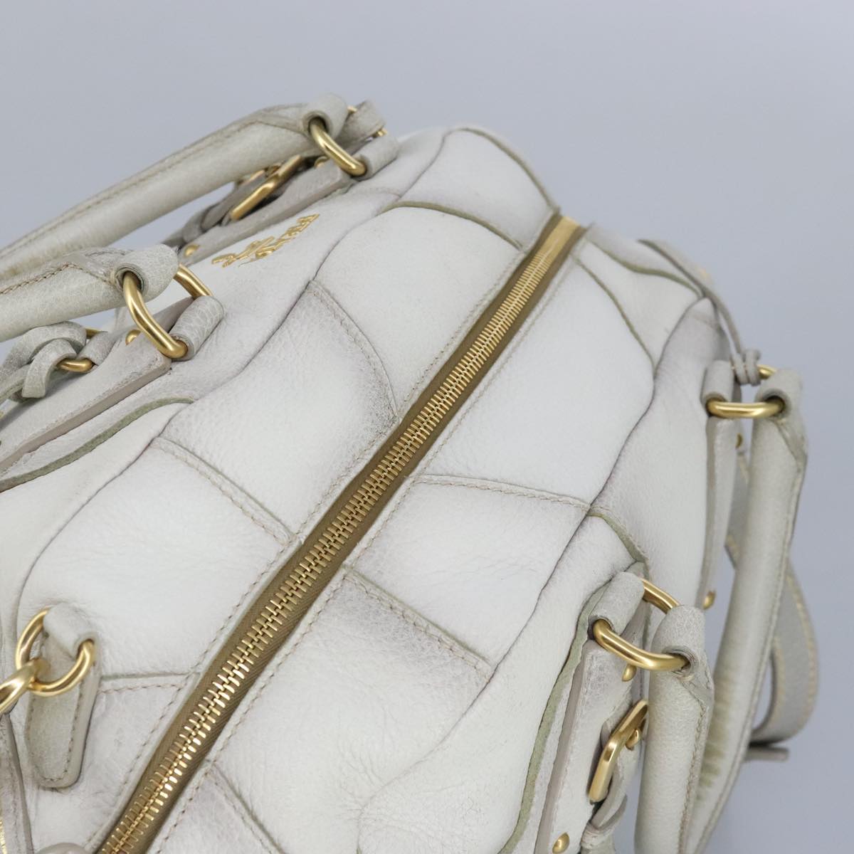 PRADA Hand Bag Leather 2way White Gold Light Gray Auth 96957