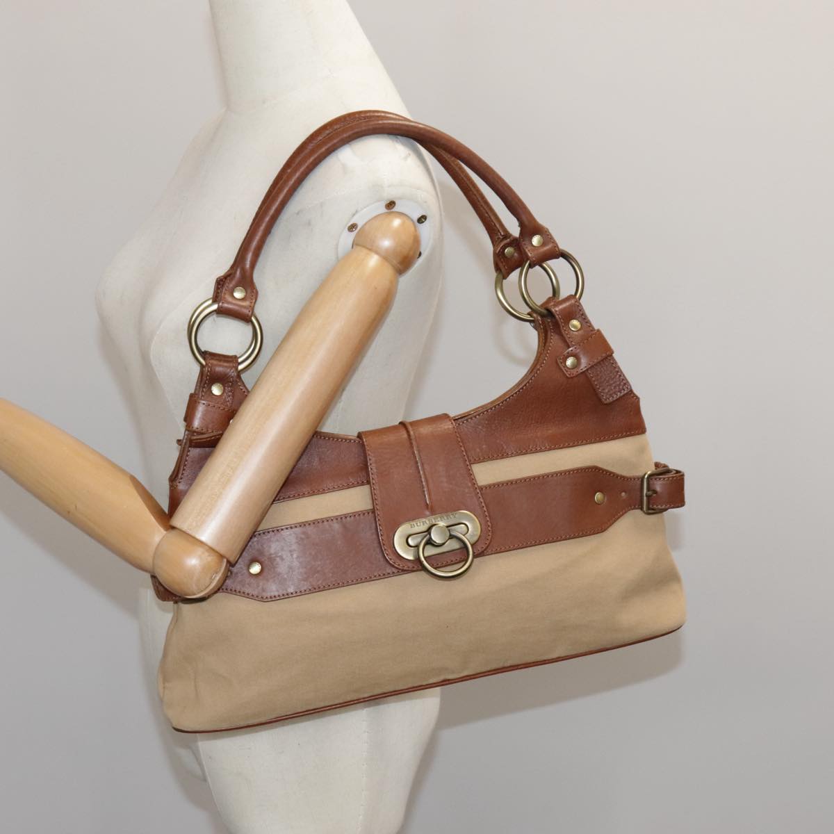 BURBERRY Shoulder Bag Canvas Gold Brown Auth 96959