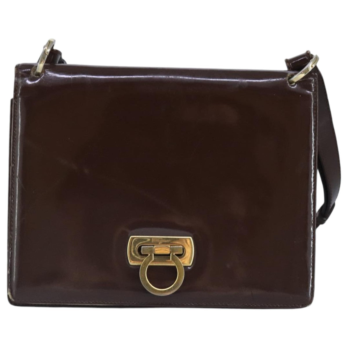 Salvatore Ferragamo Gancini Shoulder Bag Patent leather Brown Gold Auth 96961 - 0