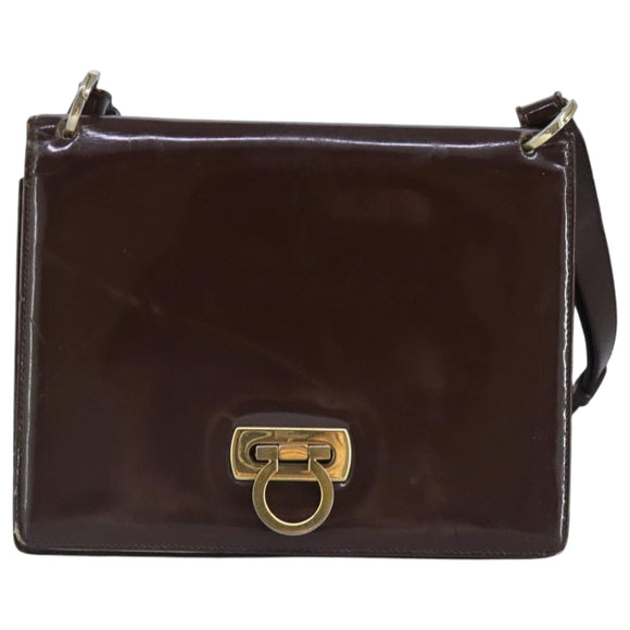 Salvatore Ferragamo Gancini Shoulder Bag Patent leather Brown Gold Auth 96961