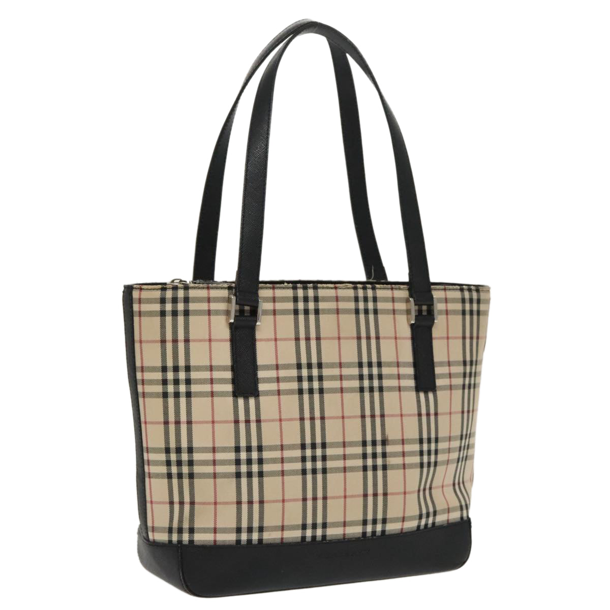 BURBERRY Nova Check Tote Bag Canvas Beige Black Silver Auth 96970