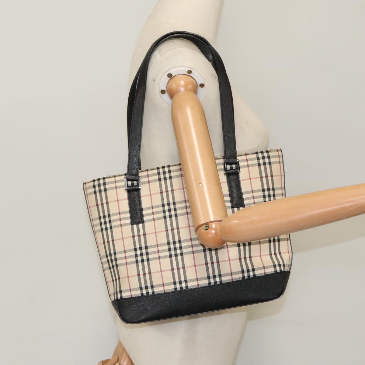 BURBERRY Nova Check Tote Bag Canvas Beige Black Silver Auth 96970