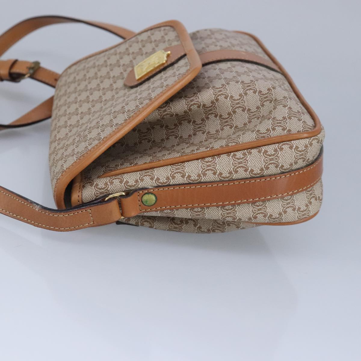 CELINE Macadam Canvas Shoulder Bag Beige Gold Auth 96974