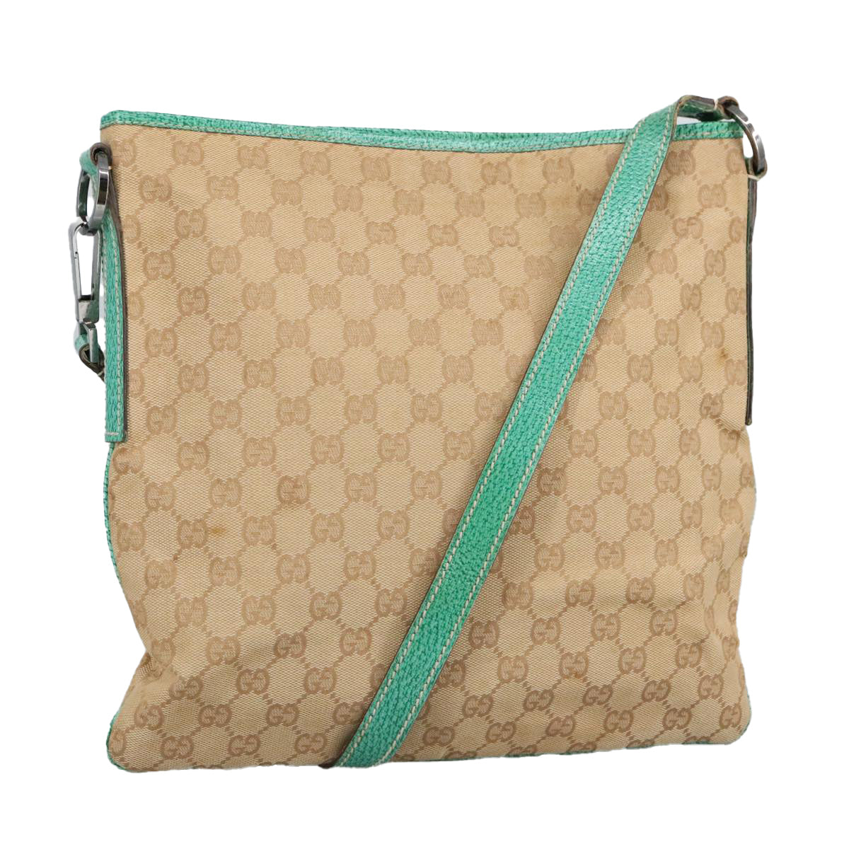 GUCCI GG Canvas Shoulder Bag Beige Silver Green 113013 Auth 96980