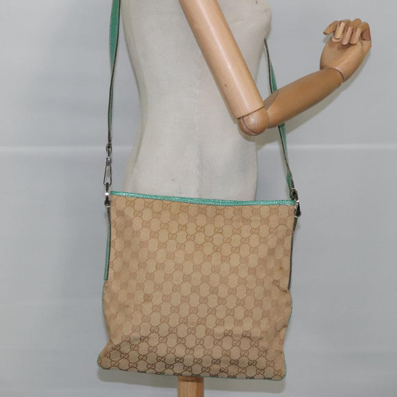 GUCCI GG Canvas Shoulder Bag Beige Silver Green 113013 Auth 96980