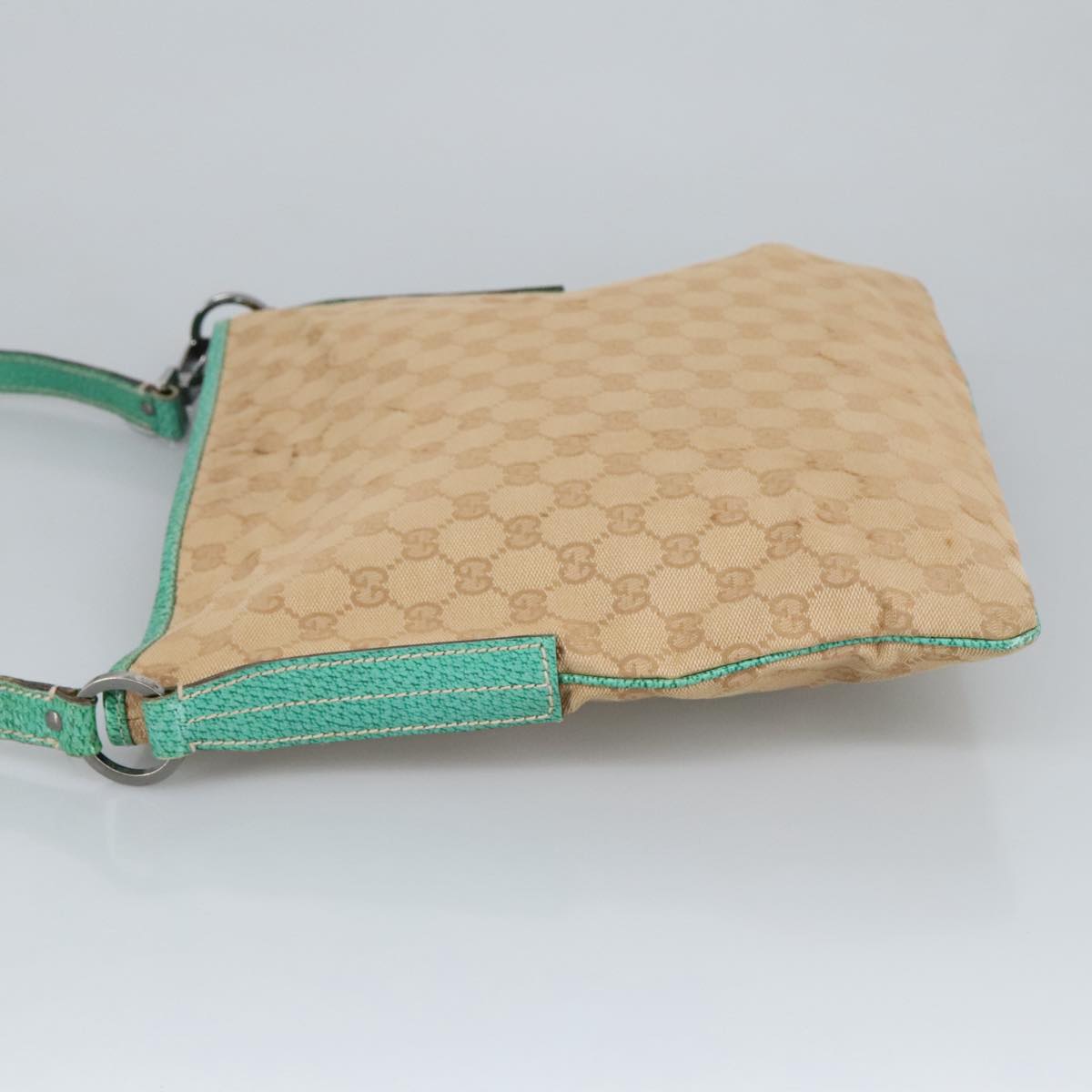 GUCCI GG Canvas Shoulder Bag Beige Silver Green 113013 Auth 96980