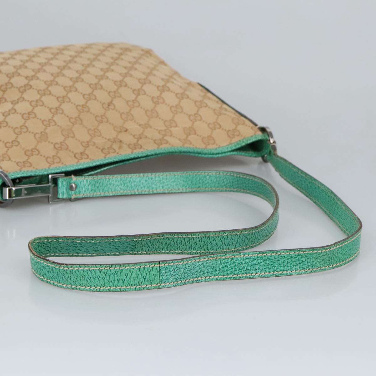 GUCCI GG Canvas Shoulder Bag Beige Silver Green 113013 Auth 96980