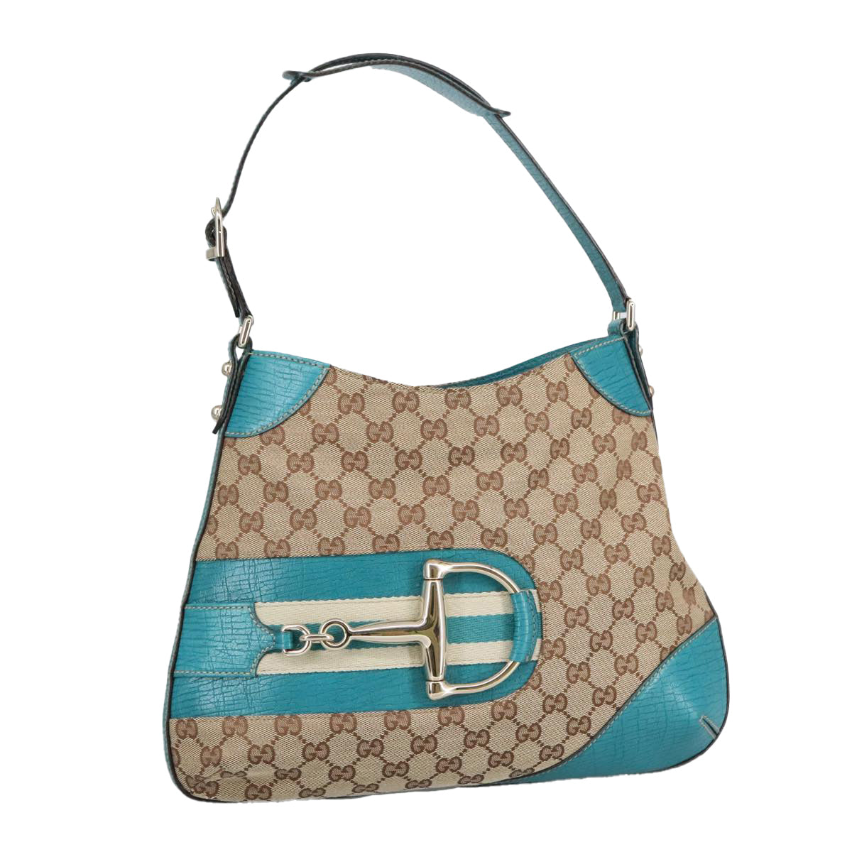 GUCCI GG Canvas Sherry Line Horsebit Bag Beige Gold Light blue 137388 Auth 96983