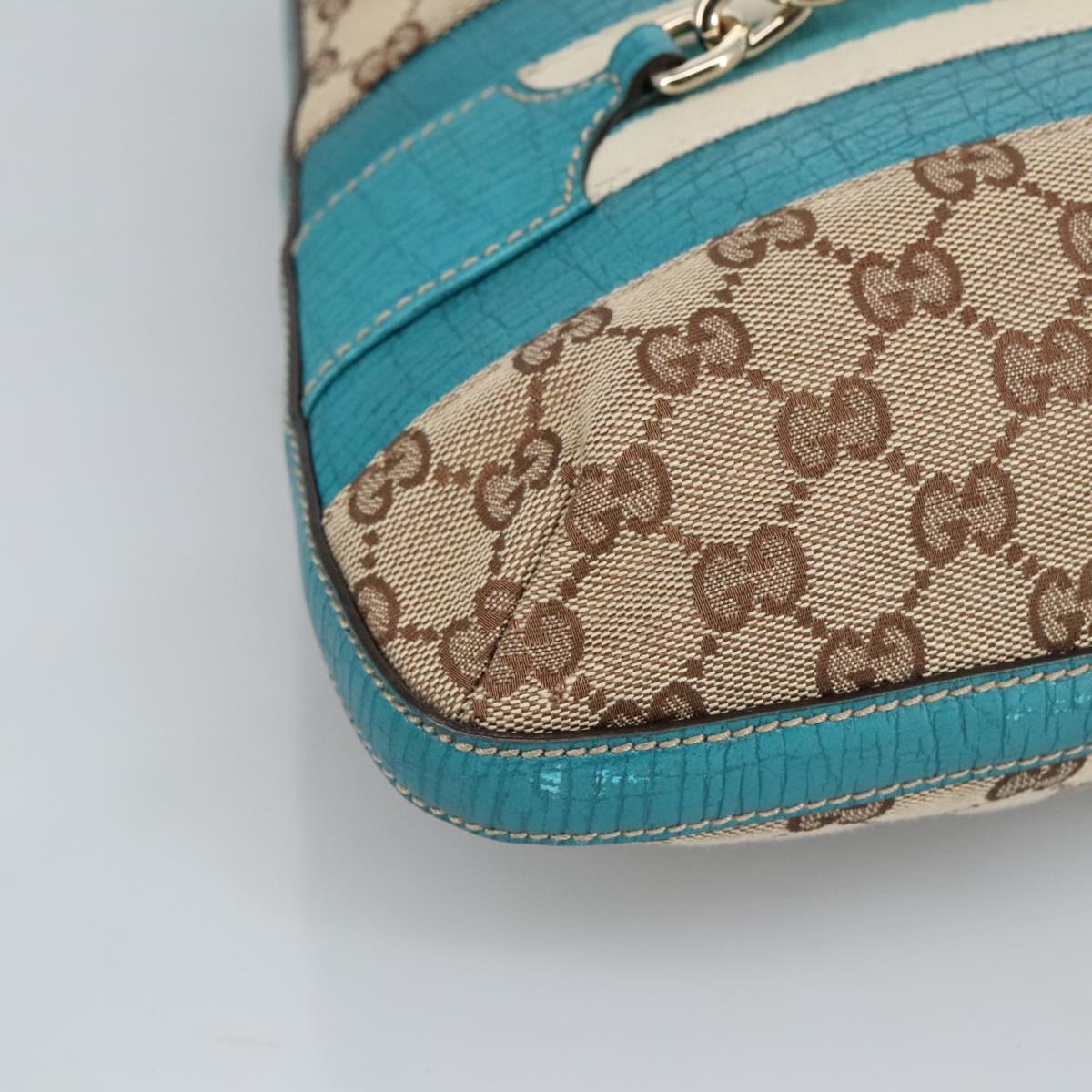 GUCCI GG Canvas Sherry Line Horsebit Bag Beige Gold Light blue 137388 Auth 96983