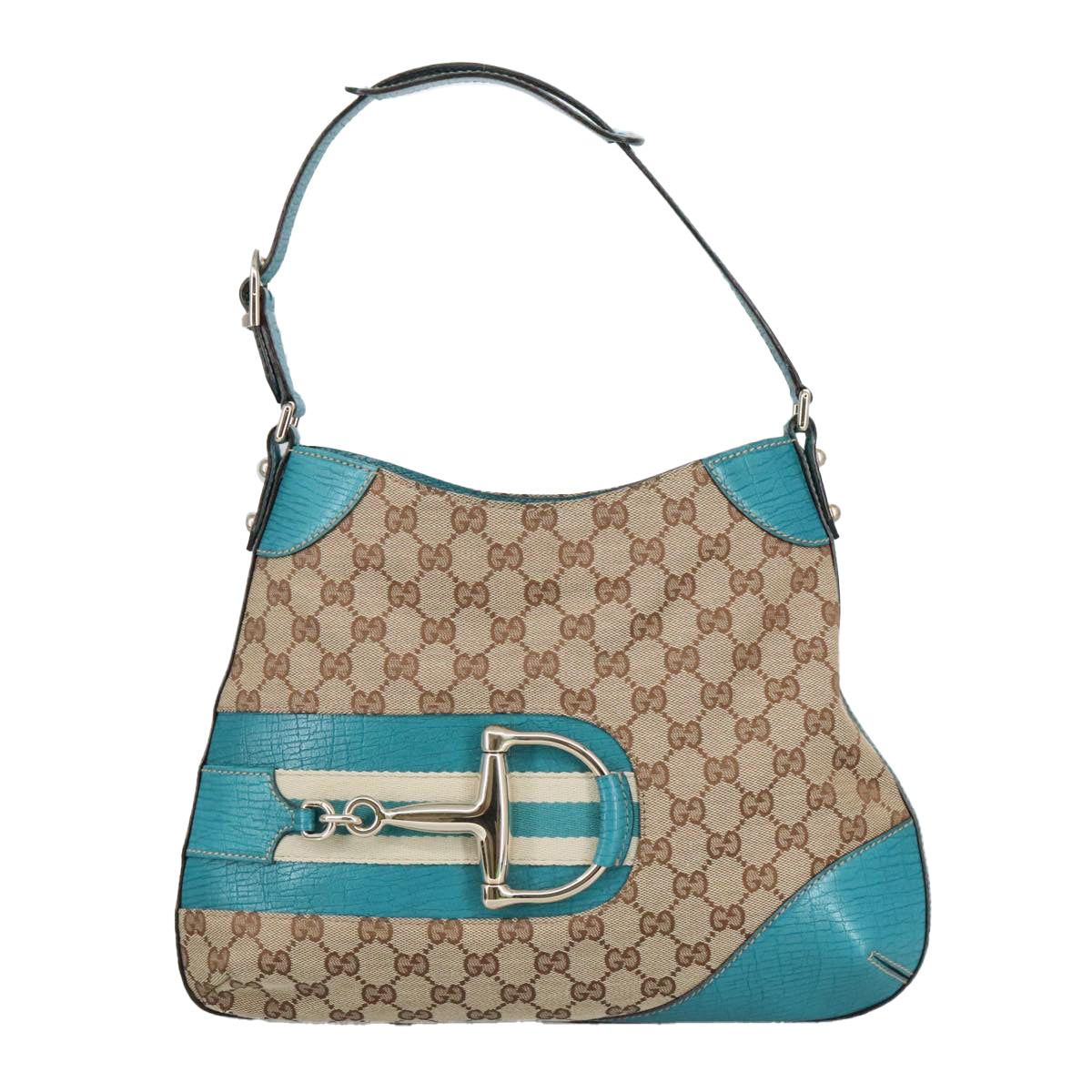 GUCCI GG Canvas Sherry Line Horsebit Bag Beige Gold Light blue 137388 Auth 96983