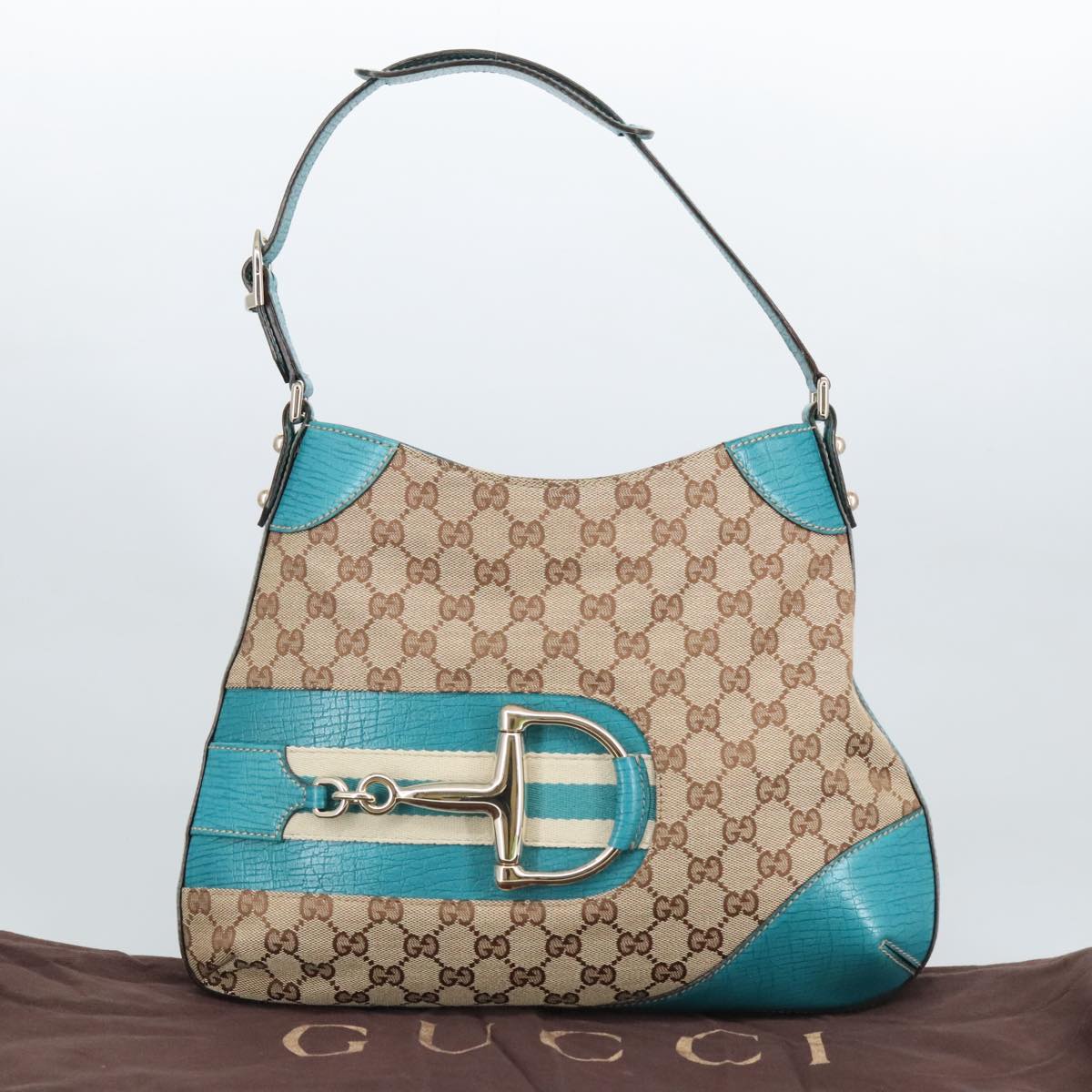 GUCCI GG Canvas Sherry Line Horsebit Bag Beige Gold Light blue 137388 Auth 96983