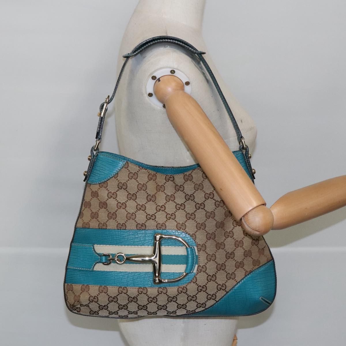 GUCCI GG Canvas Sherry Line Horsebit Bag Beige Gold Light blue 137388 Auth 96983