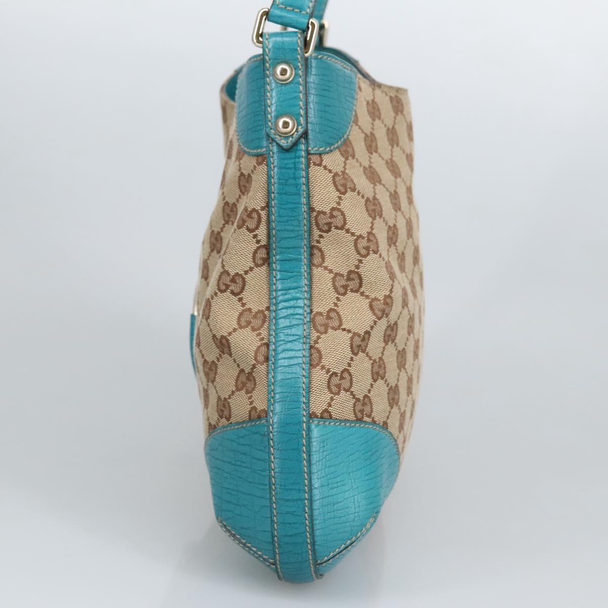 GUCCI GG Canvas Sherry Line Horsebit Bag Beige Gold Light blue 137388 Auth 96983