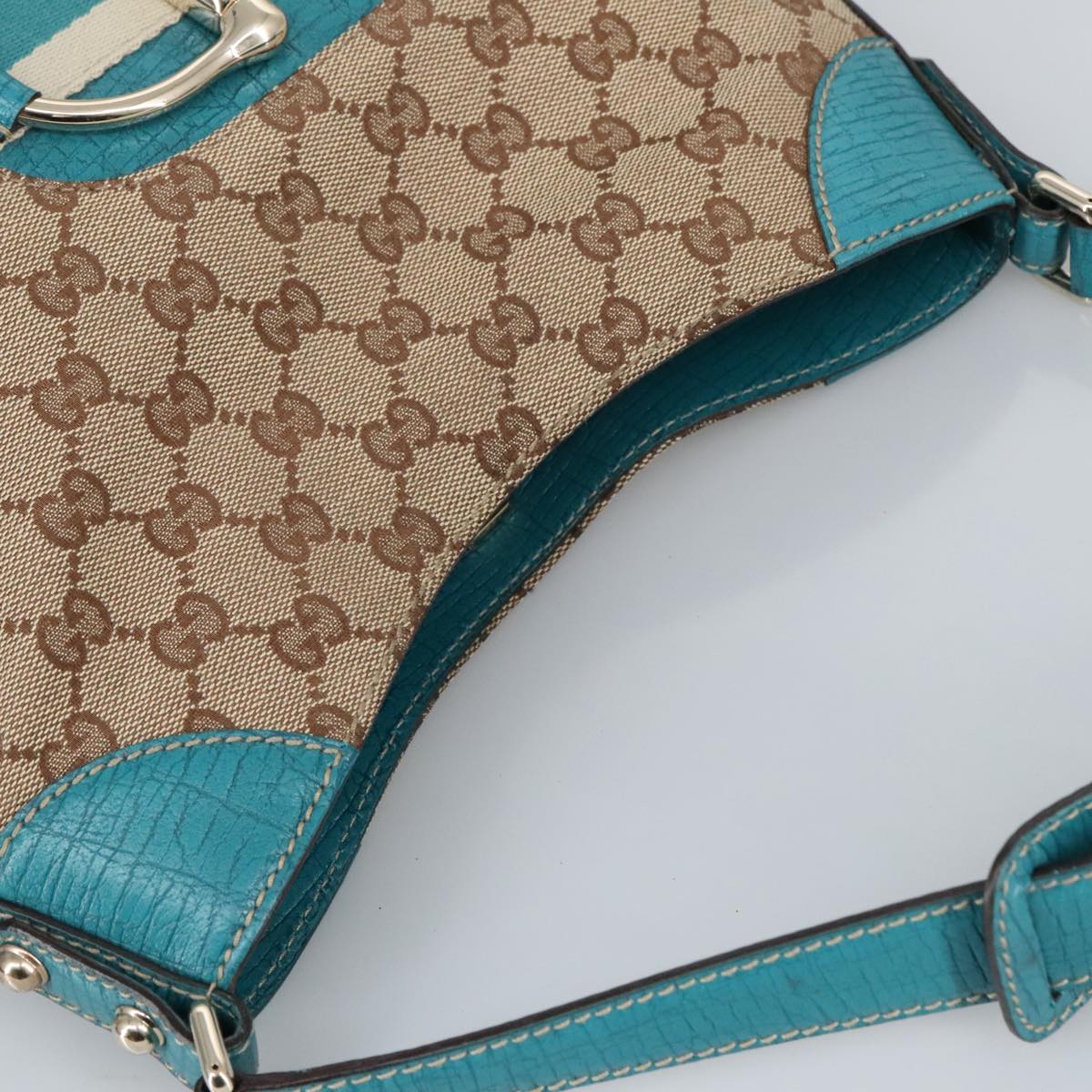 GUCCI GG Canvas Sherry Line Horsebit Bag Beige Gold Light blue 137388 Auth 96983