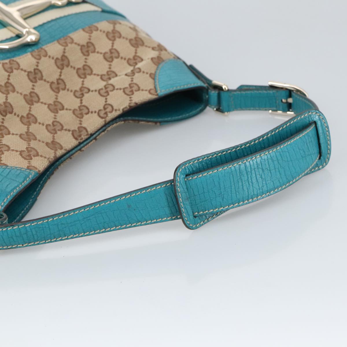 GUCCI GG Canvas Sherry Line Horsebit Bag Beige Gold Light blue 137388 Auth 96983