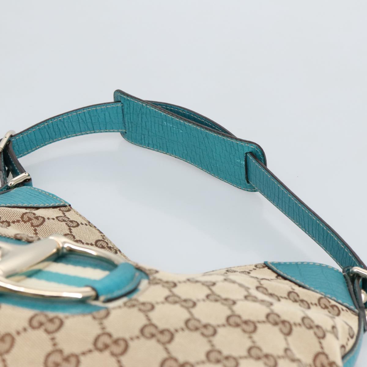 GUCCI GG Canvas Sherry Line Horsebit Bag Beige Gold Light blue 137388 Auth 96983