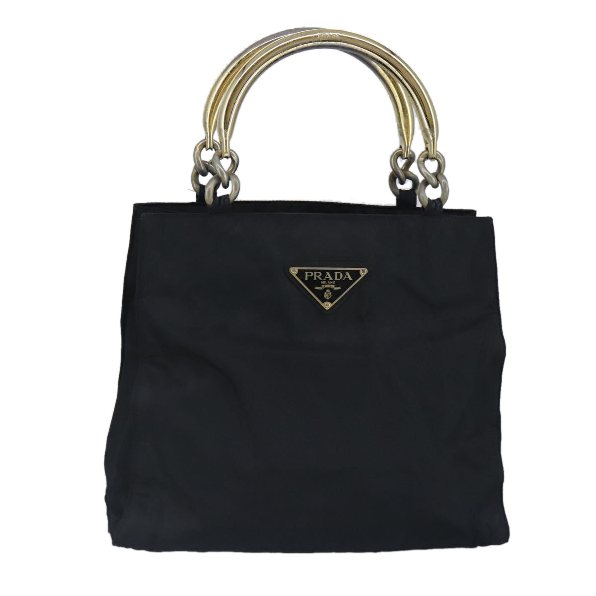 PRADA Hand Bag Nylon Black Gold Auth 96996