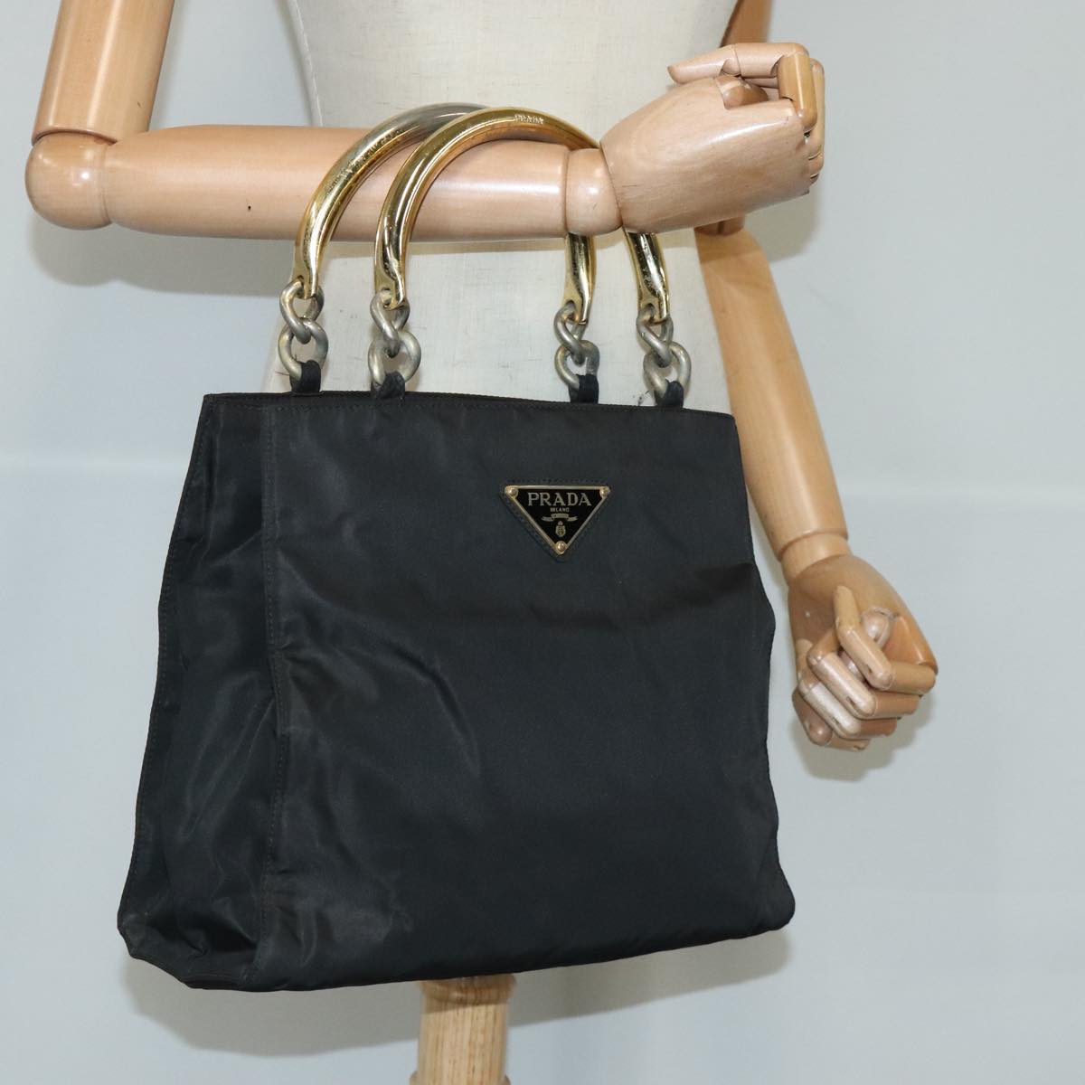 PRADA Hand Bag Nylon Black Gold Auth 96996