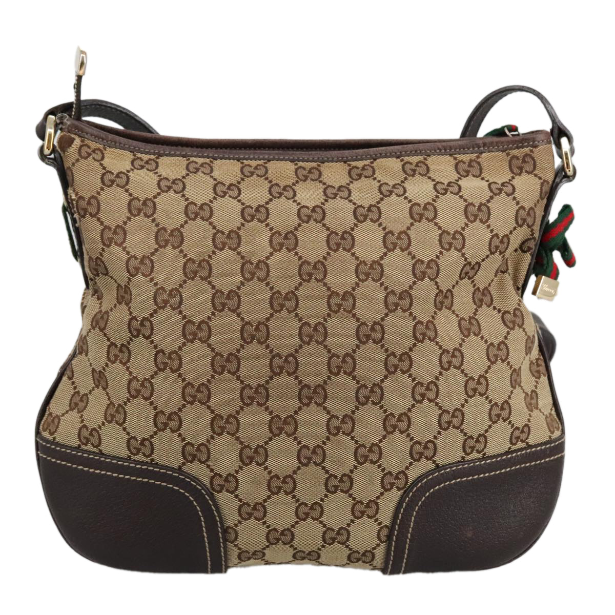 GUCCI GG Canvas Web Sherry Line Shoulder Bag Beige Gold Red 204939 Auth 96998