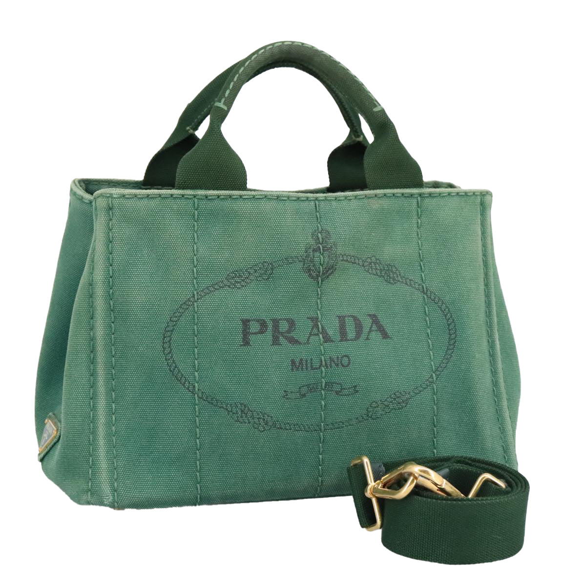 PRADA Canapa PM Hand Bag Canvas 2way Green Gold Auth 96999