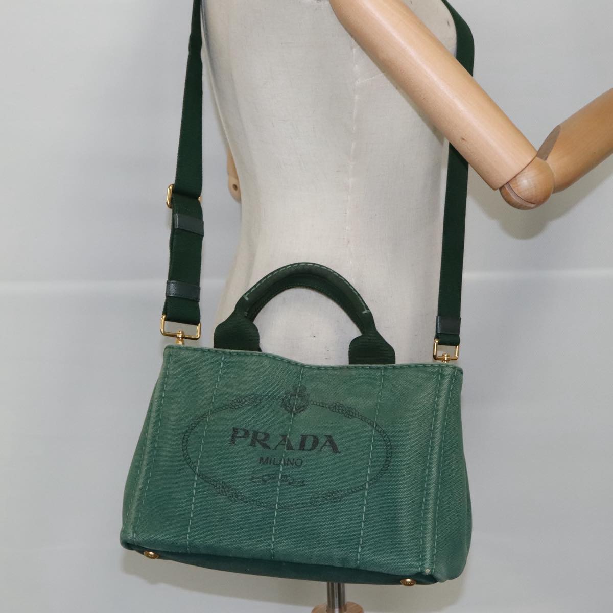 PRADA Canapa PM Hand Bag Canvas 2way Green Gold Auth 96999