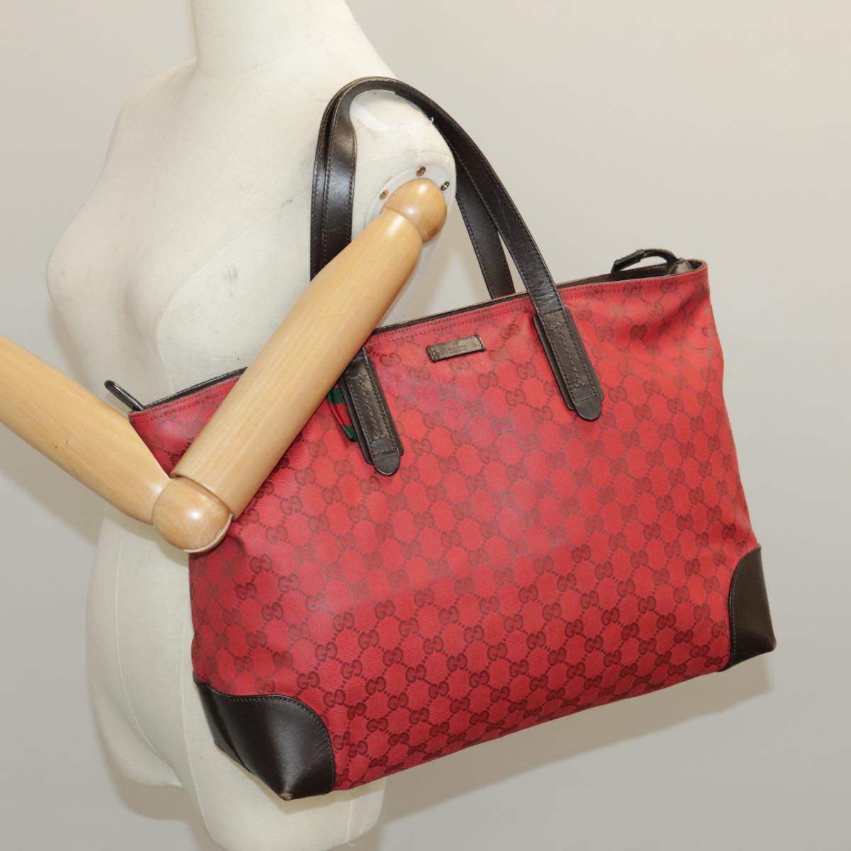 GUCCI GG Canvas Web Sherry Line Tote Bag Red Green gold 308928 Auth 97000