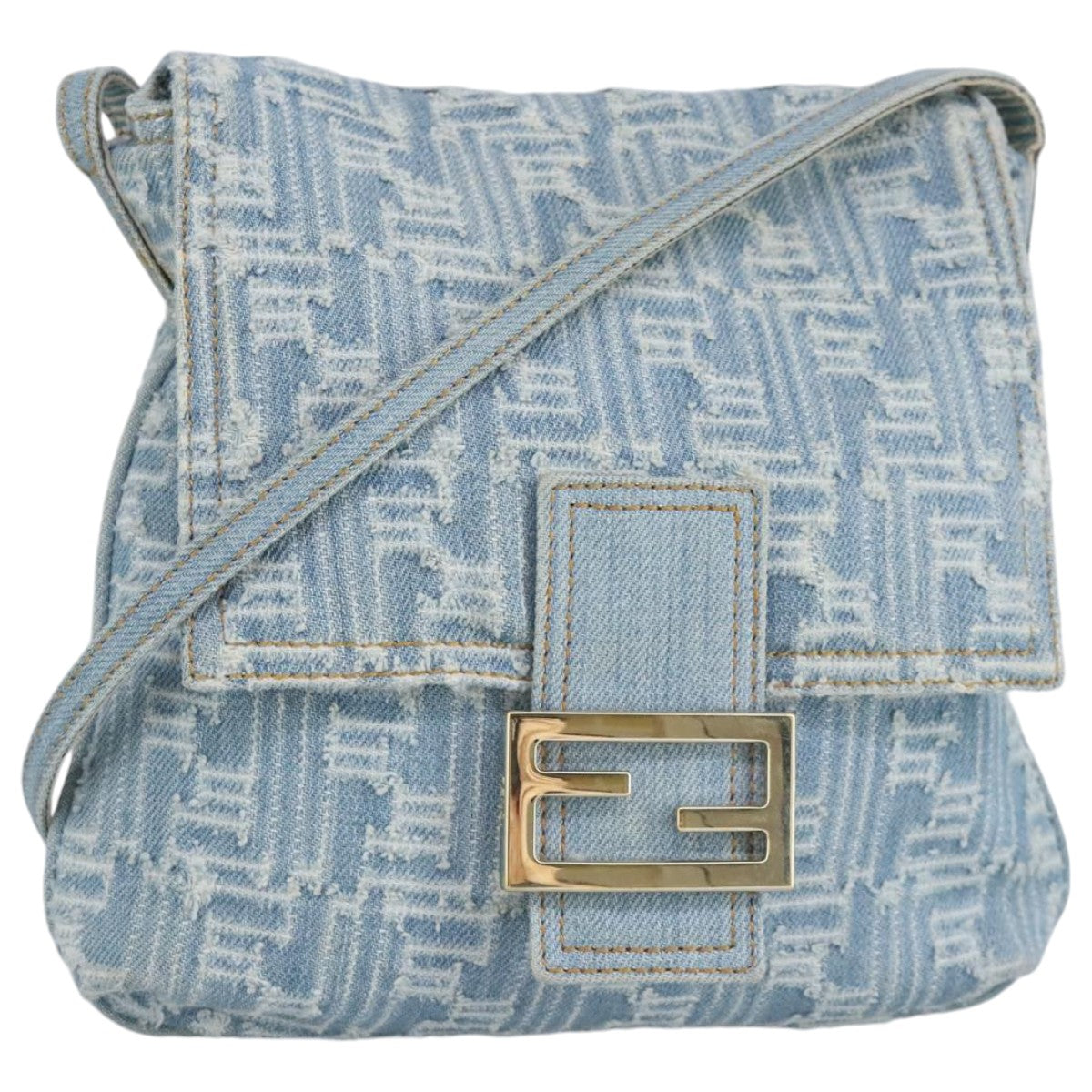 FENDI Zucca Canvas Shoulder Bag Denim Blue Gold Auth 97001