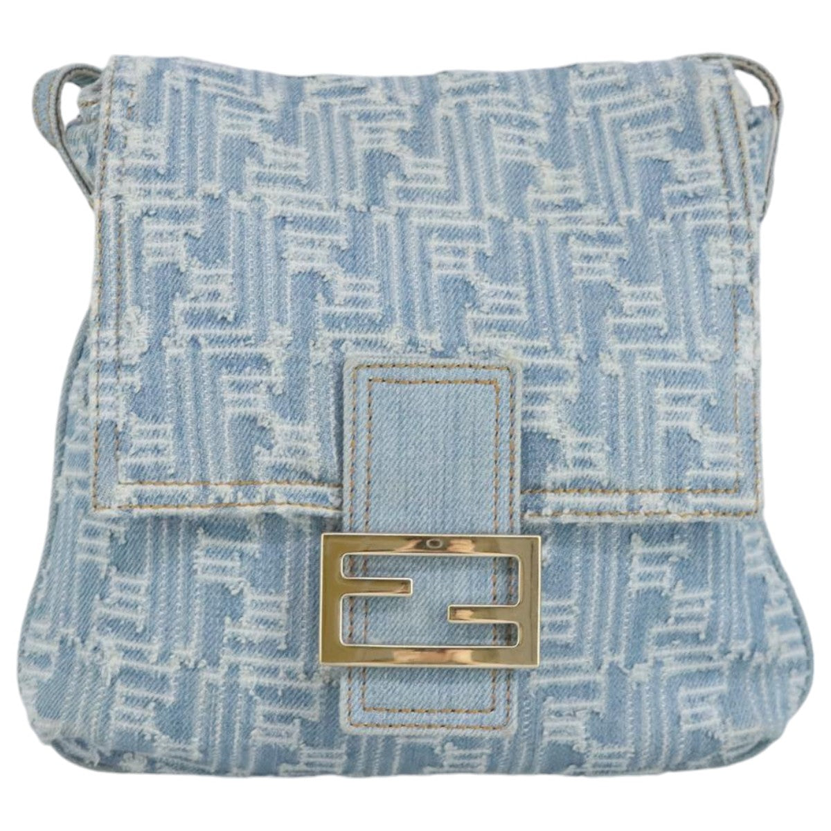 FENDI Zucca Canvas Shoulder Bag Denim Blue Gold Auth 97001