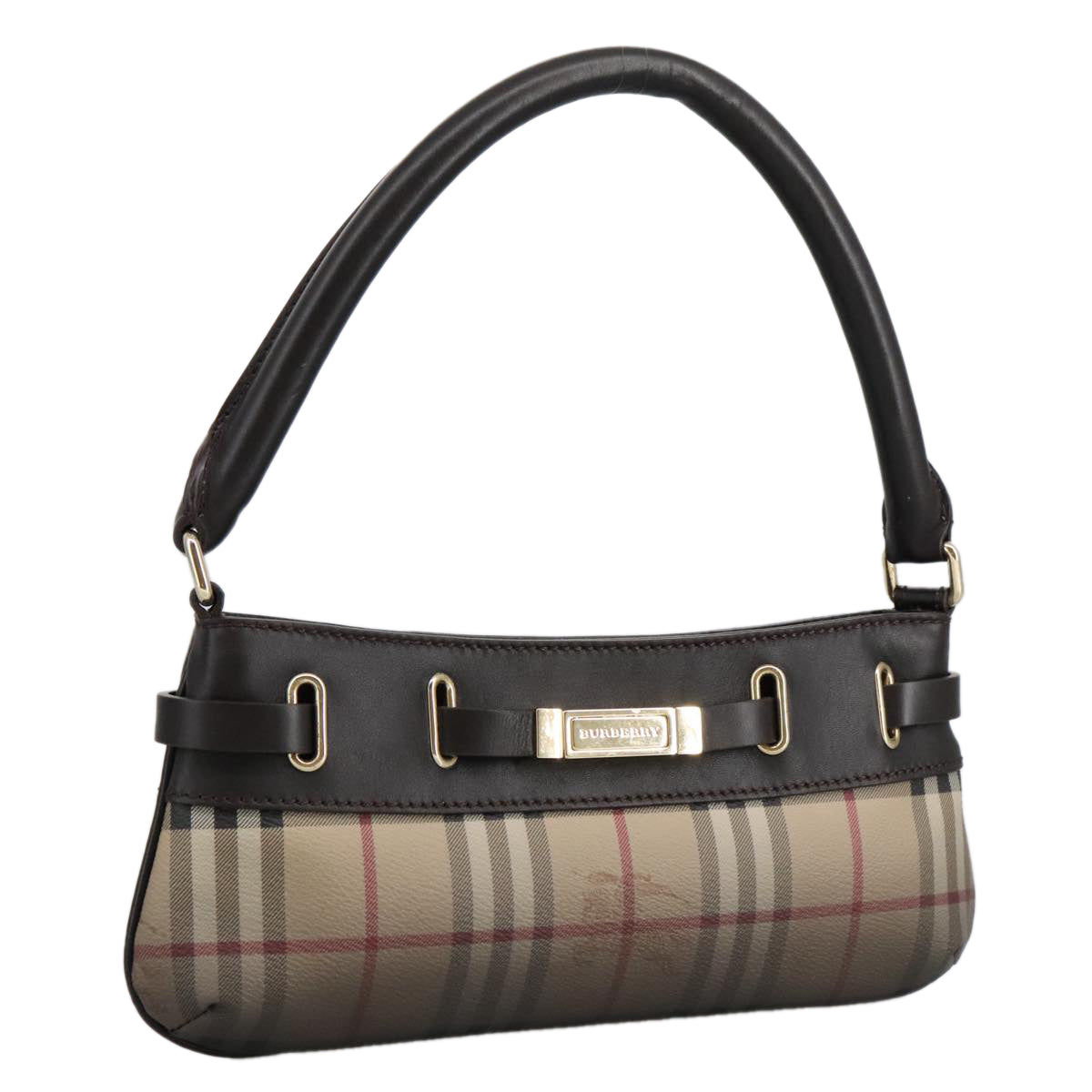 BURBERRY Nova Check Hand Bag PVC Beige Gold Auth 97005