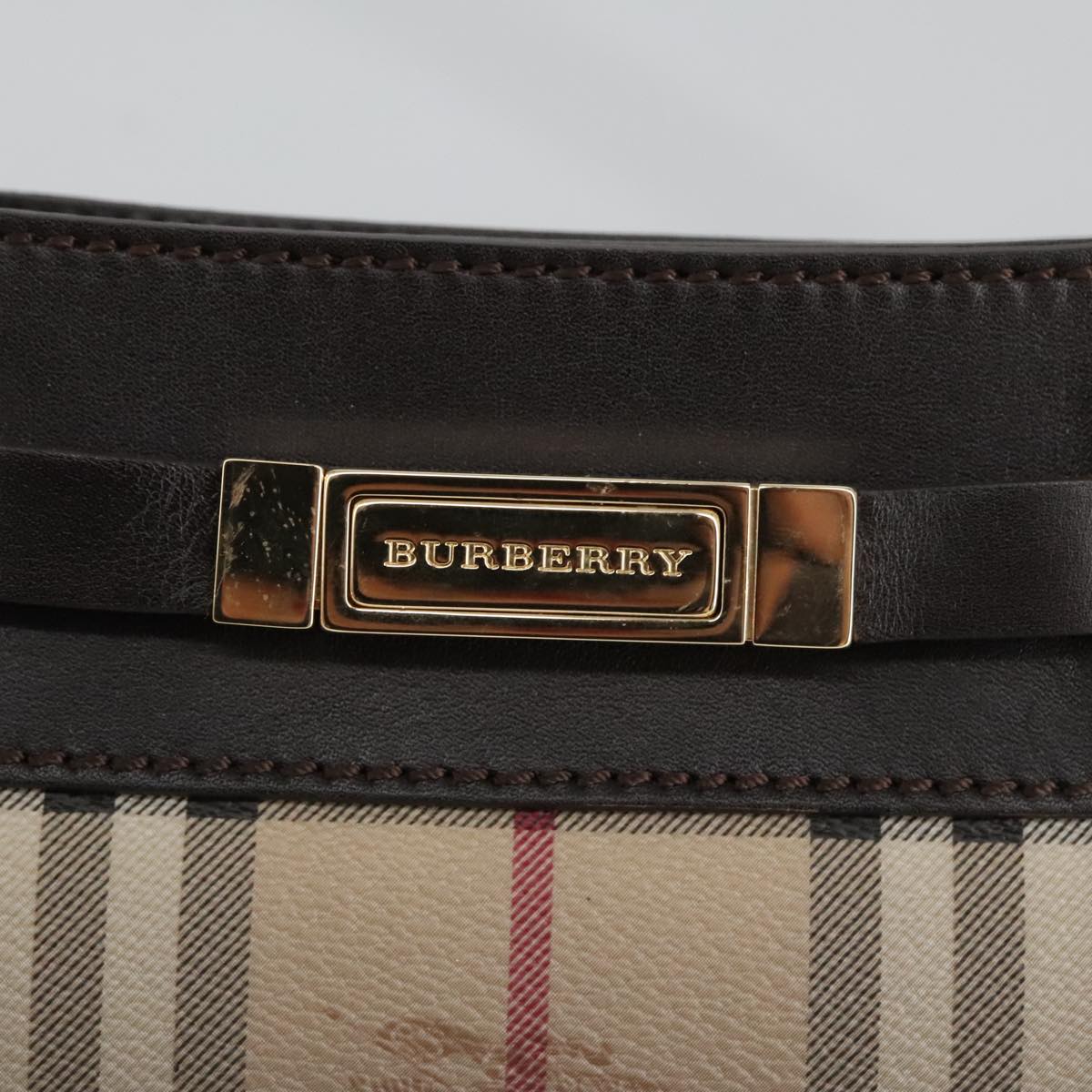 BURBERRY Nova Check Hand Bag PVC Beige Gold Auth 97005