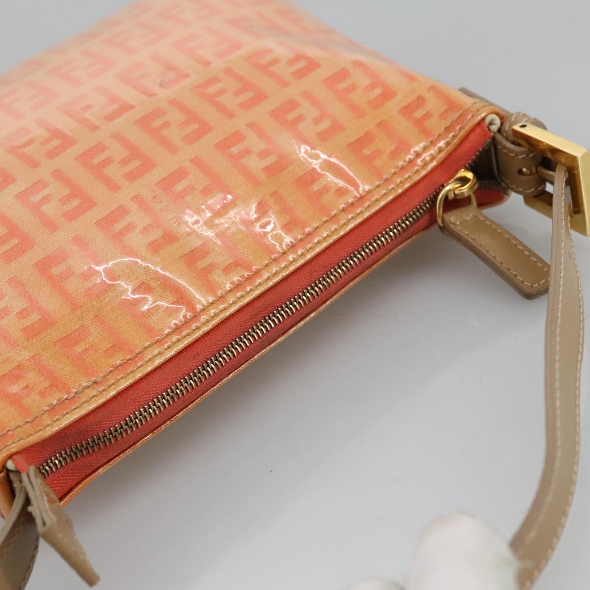 FENDI Zucchino Canvas Hand Bag Enamel Orange Gold Auth 97013