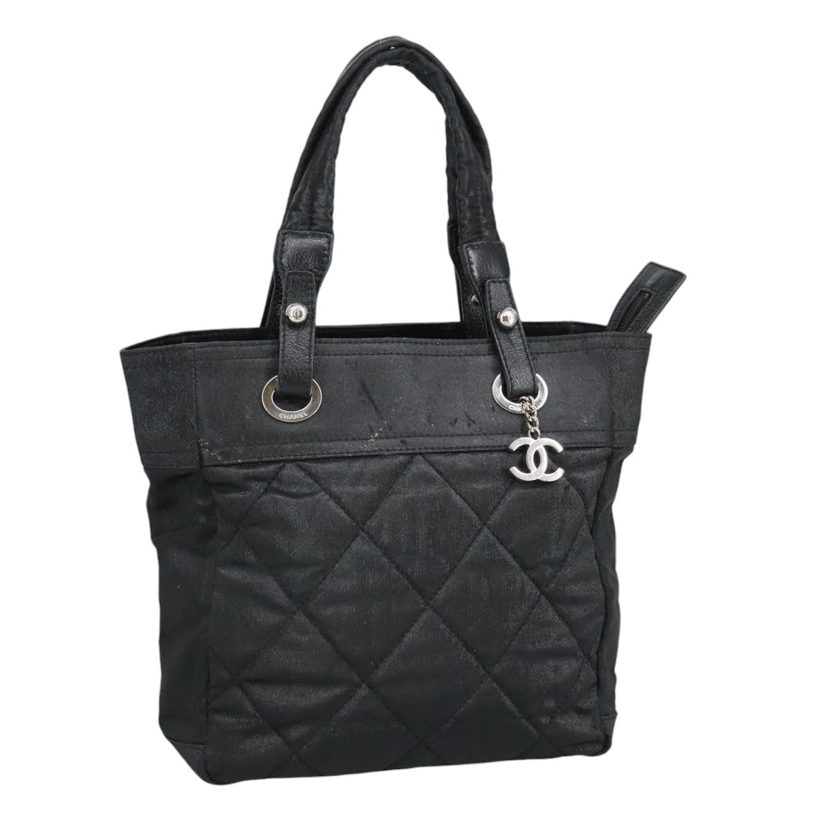 CHANEL Tote Bag Coated Canvas Black Silver CC Auth 97016