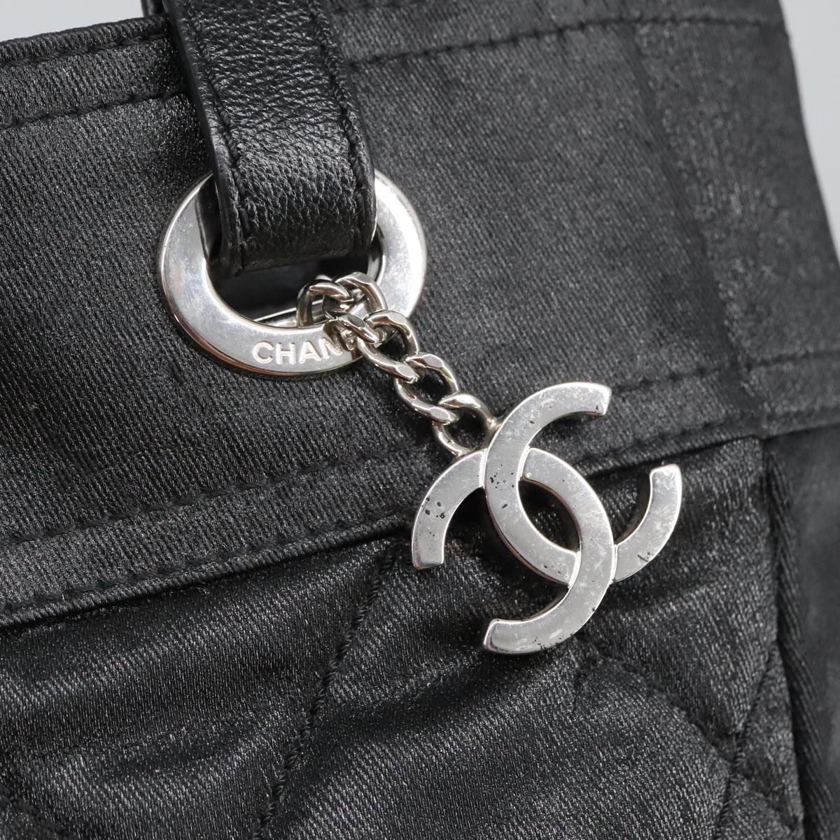 CHANEL Tote Bag Coated Canvas Black Silver CC Auth 97016