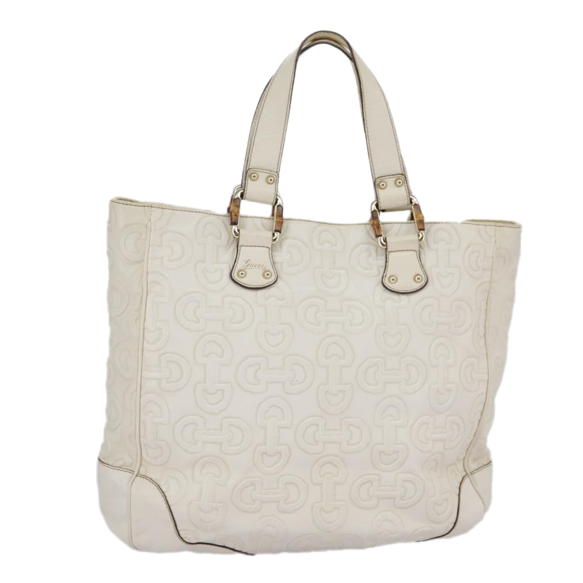 GUCCI Horsebit Tote Bag Leather White Gold 154375 Auth 97029