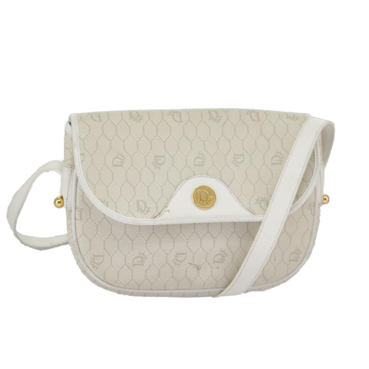 Christian Dior Honeycomb Canvas Shoulder Bag PVC Leather White Gold Auth 97038