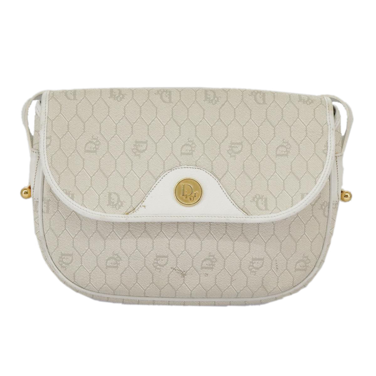 Christian Dior Honeycomb Canvas Shoulder Bag PVC Leather White Gold Auth 97038 - 0