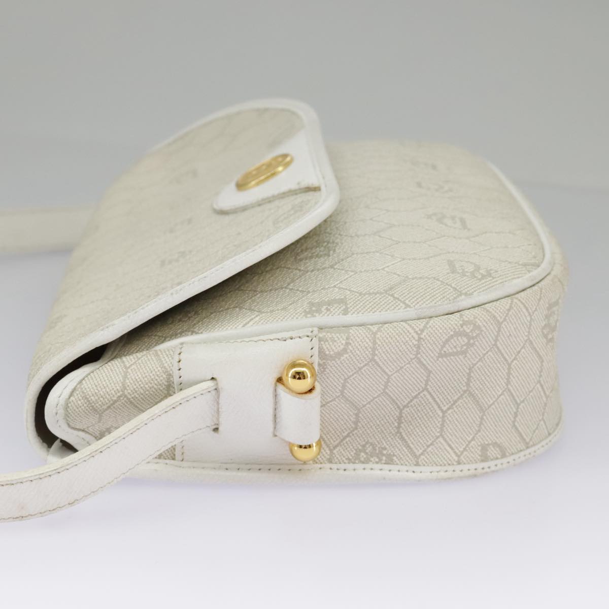 Christian Dior Honeycomb Canvas Shoulder Bag PVC Leather White Gold Auth 97038