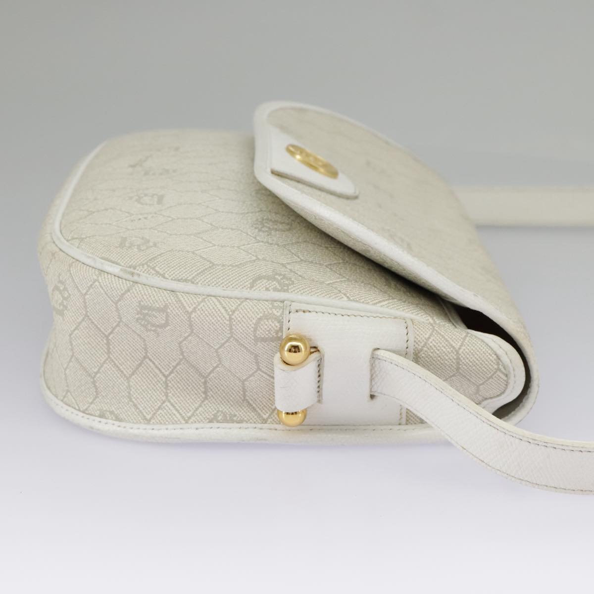 Christian Dior Honeycomb Canvas Shoulder Bag PVC Leather White Gold Auth 97038