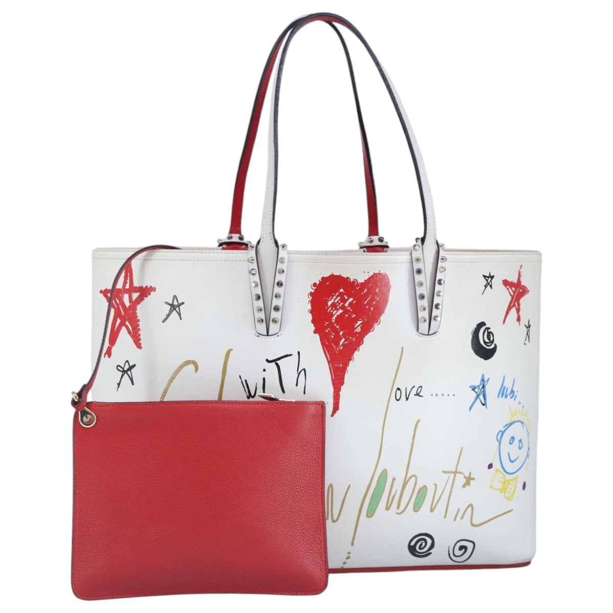 Christian Louboutin Tote Bag Leather White Silver Auth 97041