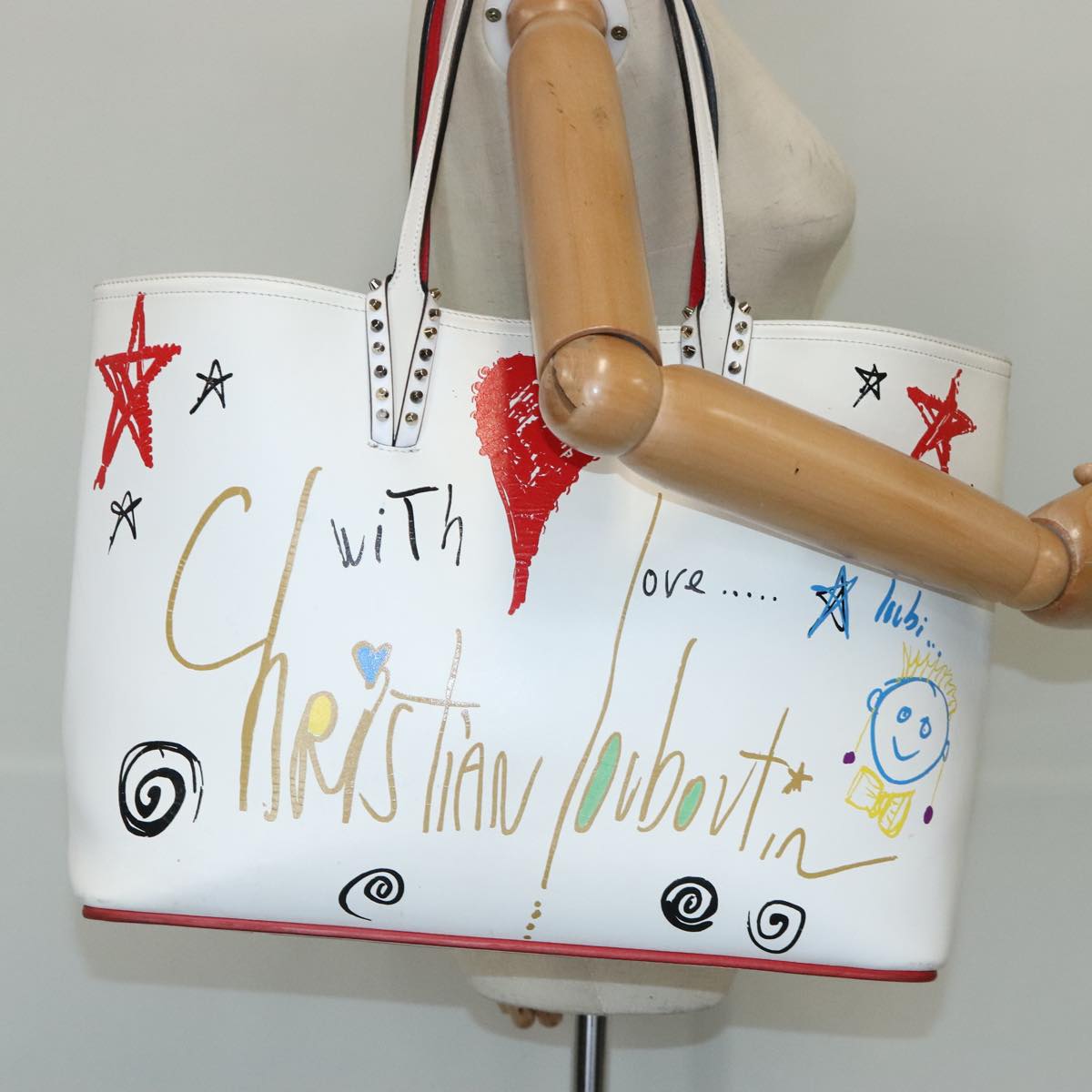 Christian Louboutin Tote Bag Leather White Silver Auth 97041