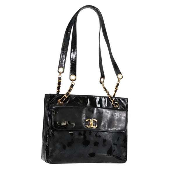 CHANEL Ketten-Einkaufstasche Lackleder Schwarz Gold CC Auth 97057