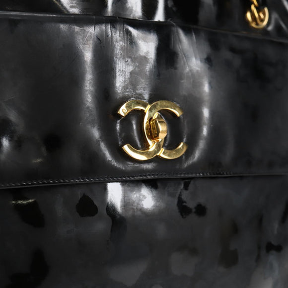 CHANEL Ketten-Einkaufstasche Lackleder Schwarz Gold CC Auth 97057