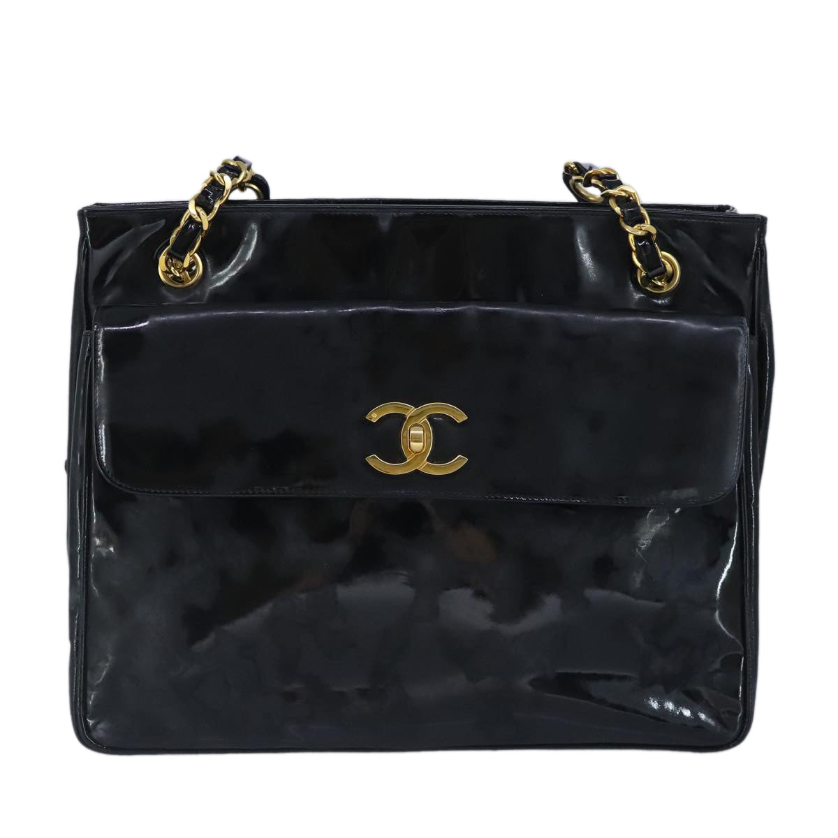 CHANEL Chain Tote Bag Patent leather Black Gold CC Auth 97057