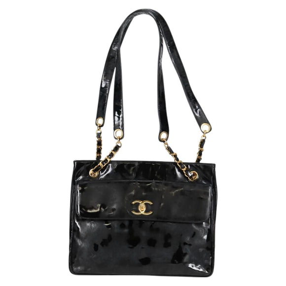 CHANEL Ketten-Einkaufstasche Lackleder Schwarz Gold CC Auth 97057