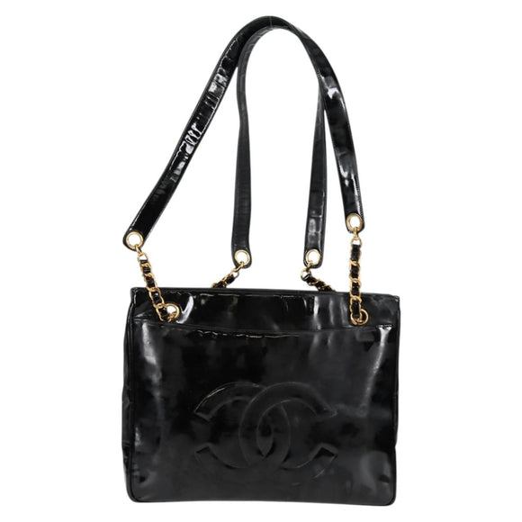 CHANEL Ketten-Einkaufstasche Lackleder Schwarz Gold CC Auth 97057