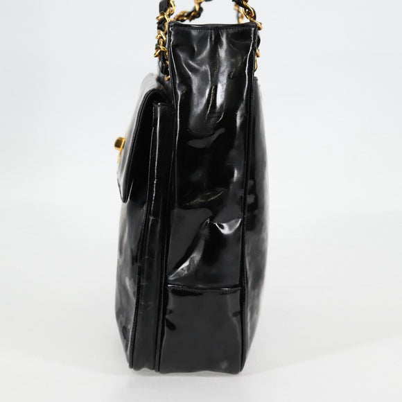 CHANEL Ketten-Einkaufstasche Lackleder Schwarz Gold CC Auth 97057