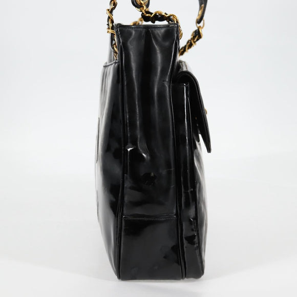 CHANEL Ketten-Einkaufstasche Lackleder Schwarz Gold CC Auth 97057