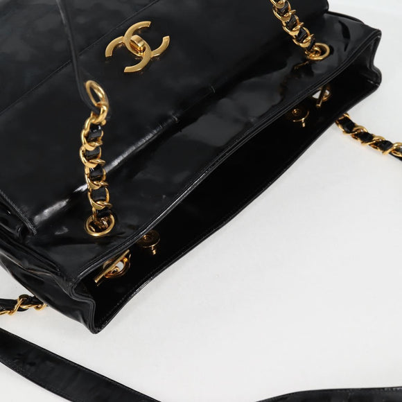 CHANEL Ketten-Einkaufstasche Lackleder Schwarz Gold CC Auth 97057