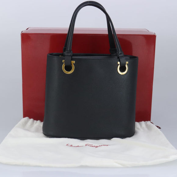 Salvatore Ferragamo Gancini Hand Bag Leather Black Gold Auth 97062AV